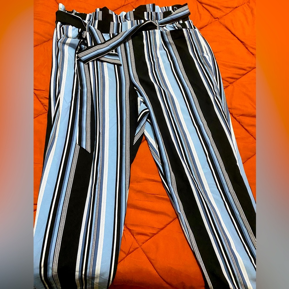 Blue, Black, White stripes
Wide leg 
Thin material